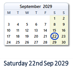 22 September 2029 calendar