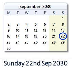 22 September 2030 calendar