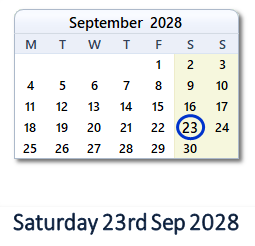 23 September 2028 calendar