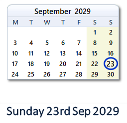 23 September 2029 calendar