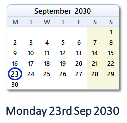 23 September 2030 calendar