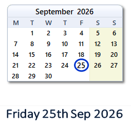 25 September 2026 calendar