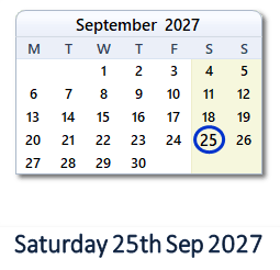 25 September 2027 calendar