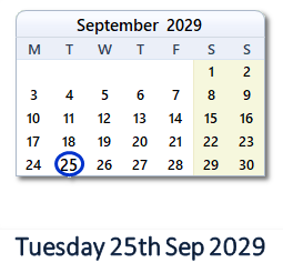 25 September 2029 calendar