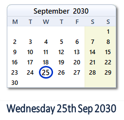 25 September 2030 calendar