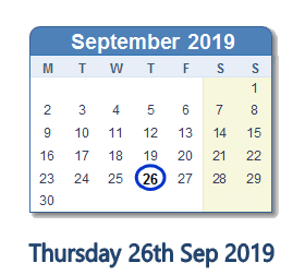 26 September 2019 calendar