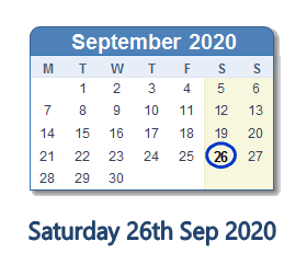 26 September 2020 calendar