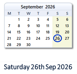 26 September 2026 calendar