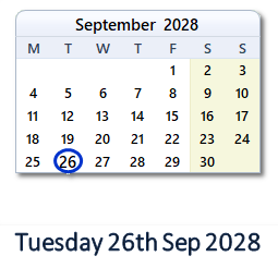 26 September 2028 calendar