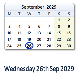 26 September 2029 calendar