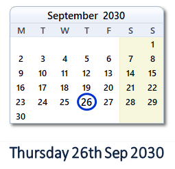 26 September 2030 calendar