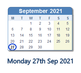 27 September 2021 calendar