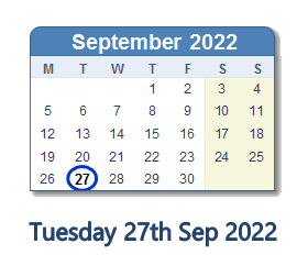 27 September 2022 calendar