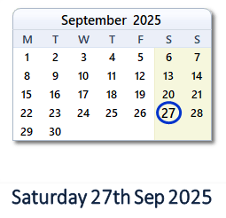27 September 2025 calendar
