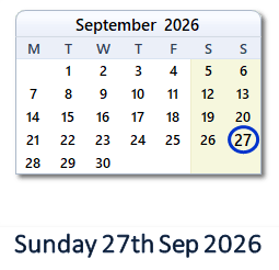 27 September 2026 calendar