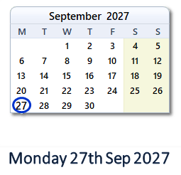 27 September 2027 calendar