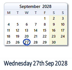 27 September 2028 calendar