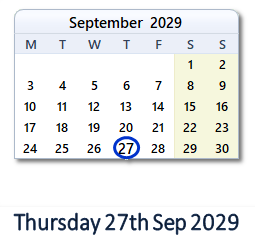 27 September 2029 calendar