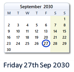 27 September 2030 calendar