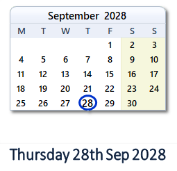 28 September 2028 calendar