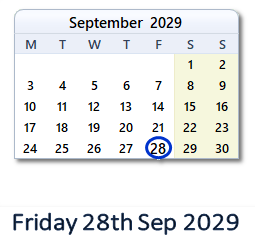 28 September 2029 calendar