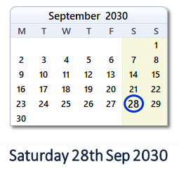 28 September 2030 calendar