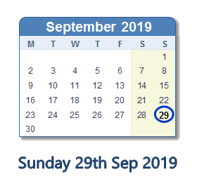 29 September 2019 calendar