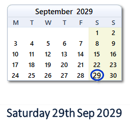 29 September 2029 calendar