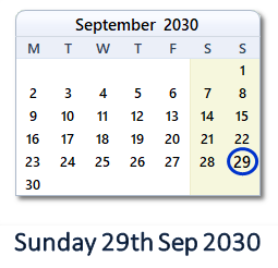 29 September 2030 calendar