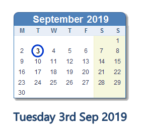 3 September 2019 calendar