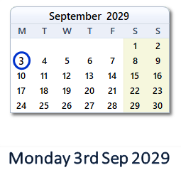 3 September 2029 calendar