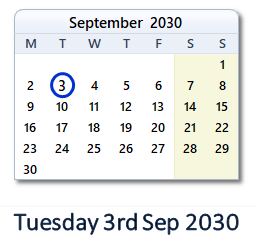 3 September 2030 calendar