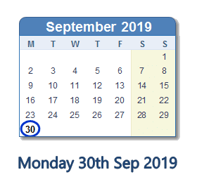 30 September 2019 calendar