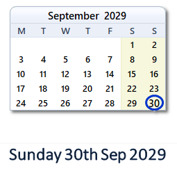 30 September 2029 calendar