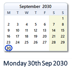 30 September 2030 calendar