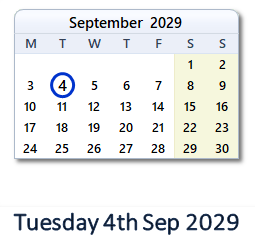 4 September 2029 calendar