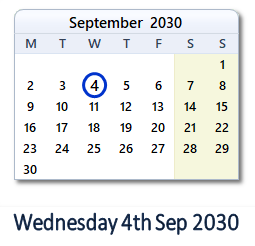 4 September 2030 calendar