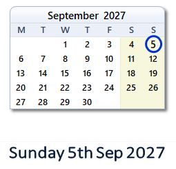 5 September 2027 calendar