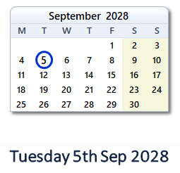 5 September 2028 calendar