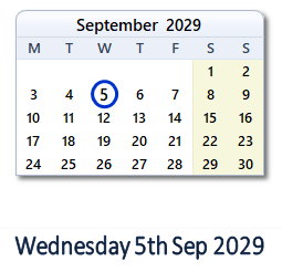 5 September 2029 calendar