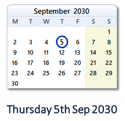 5 September 2030 calendar