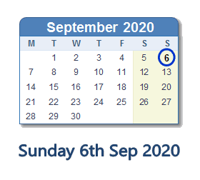 6 September 2020 calendar