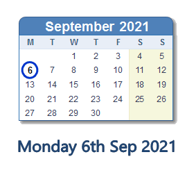 6 September 2021 calendar