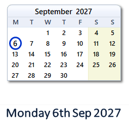 6 September 2027 calendar