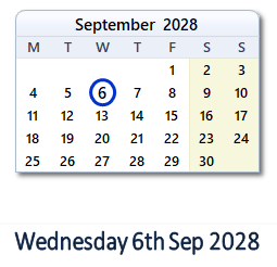 6 September 2028 calendar