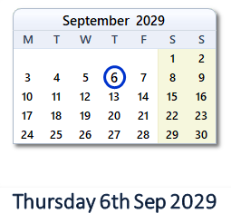 6 September 2029 calendar