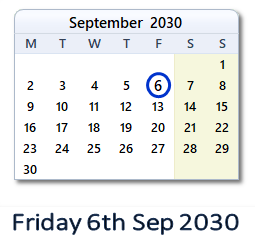6 September 2030 calendar