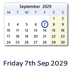 7 September 2029 calendar