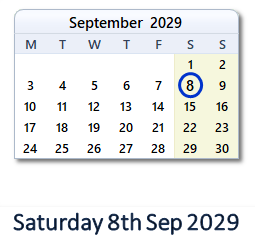 8 September 2029 calendar