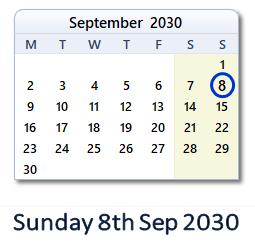 8 September 2030 calendar